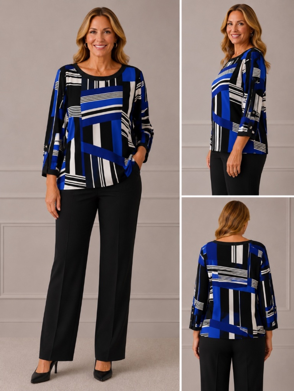 Alfred Dunner Woman 2X Blue Black White Geometric Print Top